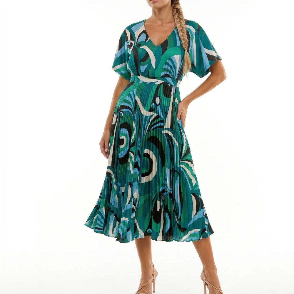 Danny & Nicole Green Abstract Pleated Midi Dress - V-Neck Waist Tie Sz 14